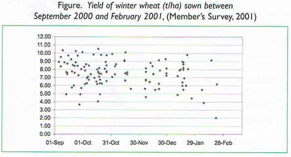 Yield of winter wheat sown between September 2000 and February 2001