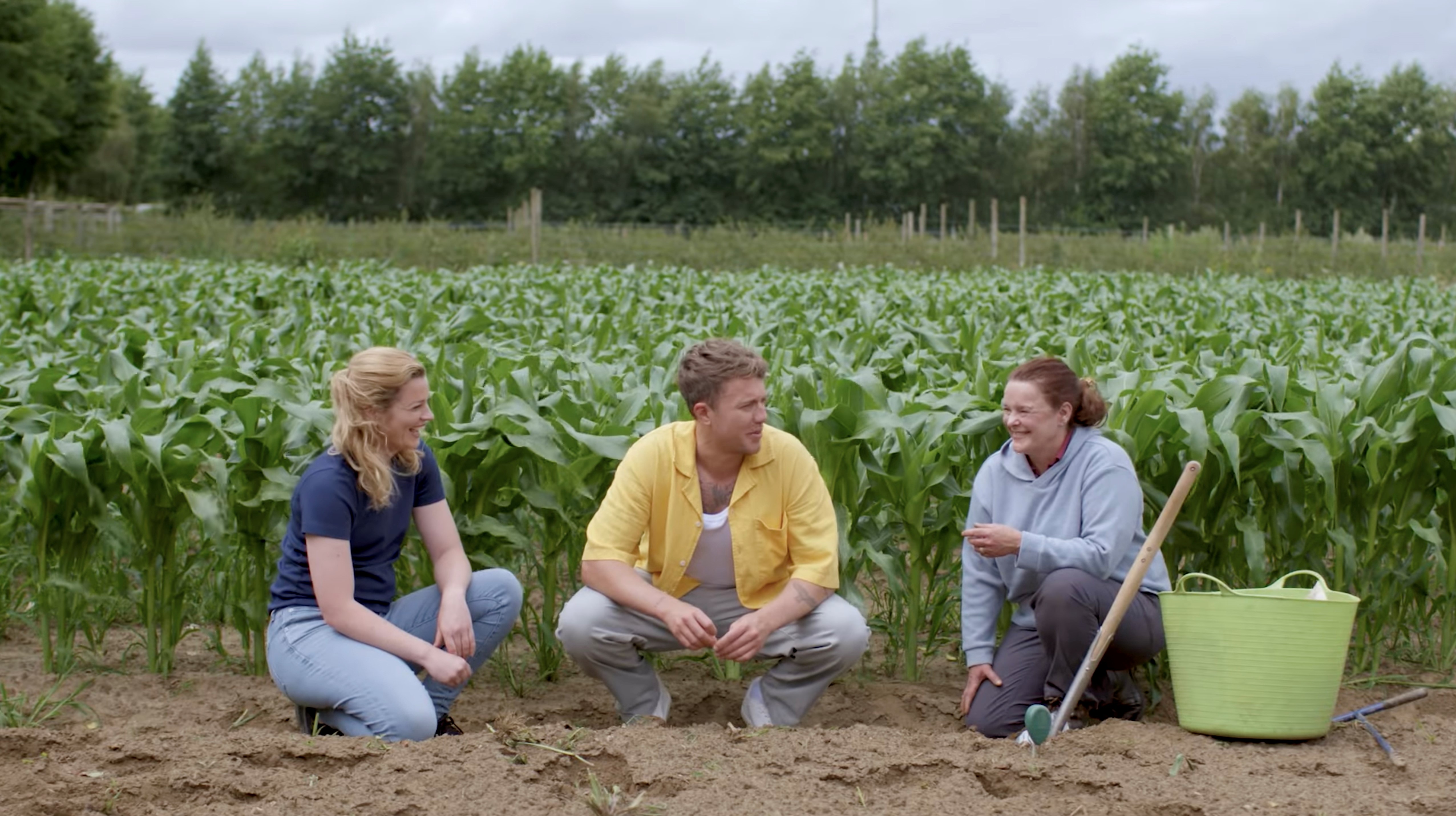 Three people including NIAB's Elizabeth Stockdale in a field talking about regen ag