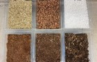Alternatives to peat, from right to left: Top – vermiculite, clay balls and perlite; Bottom – coir, peat-free, peat reduced with woodfibre