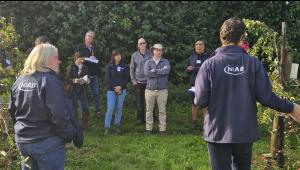 Niab staff explaining Niab research in orchard