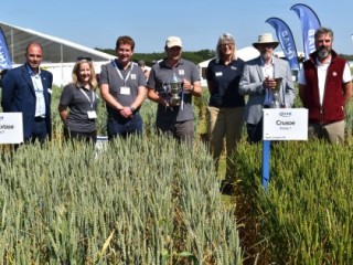 Winners of the 2023 NIAB Cereals and Varieties Cups being presented with the cups at Cereals Event