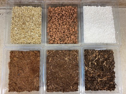 Alternatives to peat, from right to left: Top – vermiculite, clay balls and perlite; Bottom – coir, peat-free, peat reduced with woodfibre