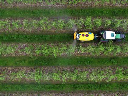 Aerial shot of a tractor spraying in orchard