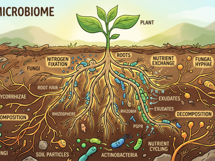 Cartoon of a soil microbiome around a plant root