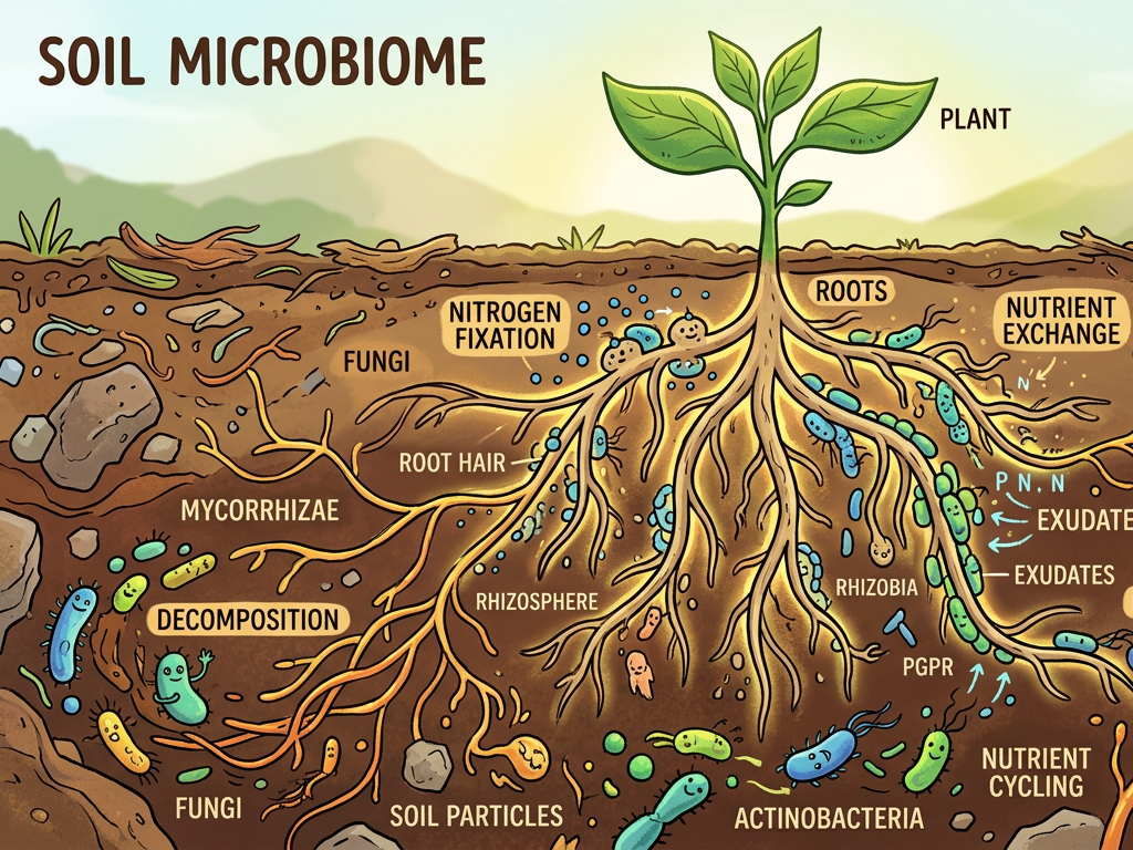 Cartoon of a soil microbiome around a plant root