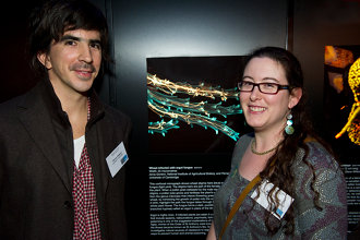 NIAB’s Dr Anna Gordon and Cambridge University’s Dr Fernan Federici beside their winning image of the ergot fungus infecting wheat stigma hairs